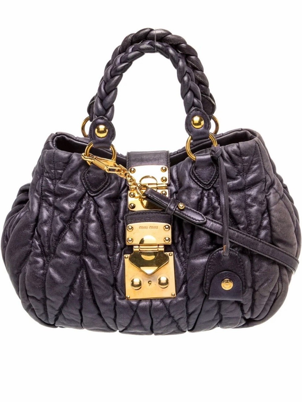 Authentic Miu Miu Quilted Leather Satchel in Deep Purple with Gold Hardware